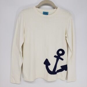 Two Bees Cashmere Anchor Graphic Sweater Women Small Cream Nautical Cotton Blend